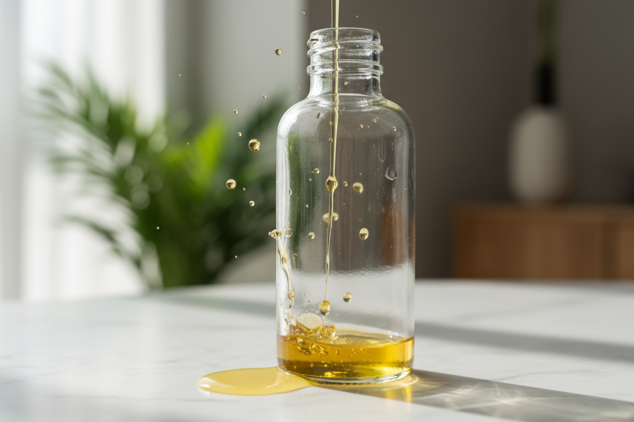 oil dripping into a glass bottle